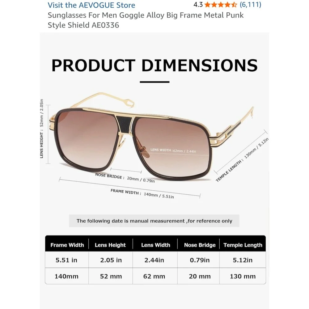 2pr AEVOGUE Sunglasses Men OS Gold Black New Punk Style Shield AE0336 Big Frame